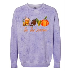 Tis The Season Pumpkin Leaf Latte Fall Thanksgiving Football Gift Colorblast Crewneck Sweatshirt