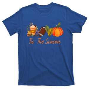 Tis The Season Pumpkin Leaf Latte Fall Thanksgiving Football Gift T-Shirt