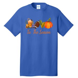 Tis The Season Pumpkin Leaf Latte Fall Thanksgiving Football Gift Tall T-Shirt