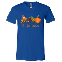 Tis The Season Pumpkin Leaf Latte Fall Thanksgiving Football Gift V-Neck T-Shirt