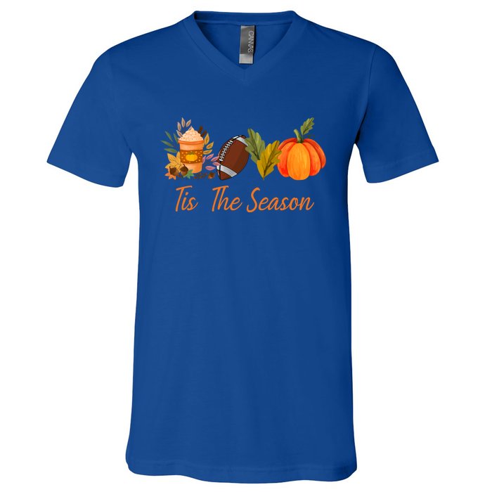 Tis The Season Pumpkin Leaf Latte Fall Thanksgiving Football Gift V-Neck T-Shirt