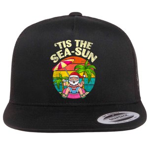 Tis The Sea Sun Santa Beach Summer Christmas In July Summer Flat Bill Trucker Hat