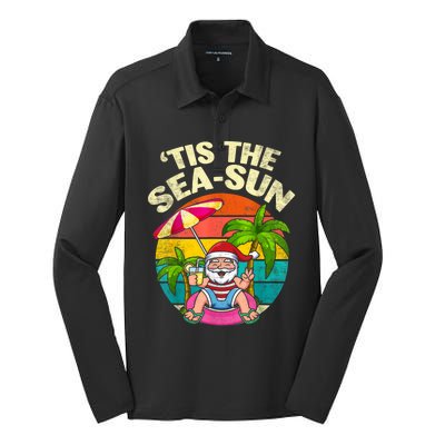 Tis The Sea Sun Santa Beach Summer Christmas In July Summer Silk Touch Performance Long Sleeve Polo