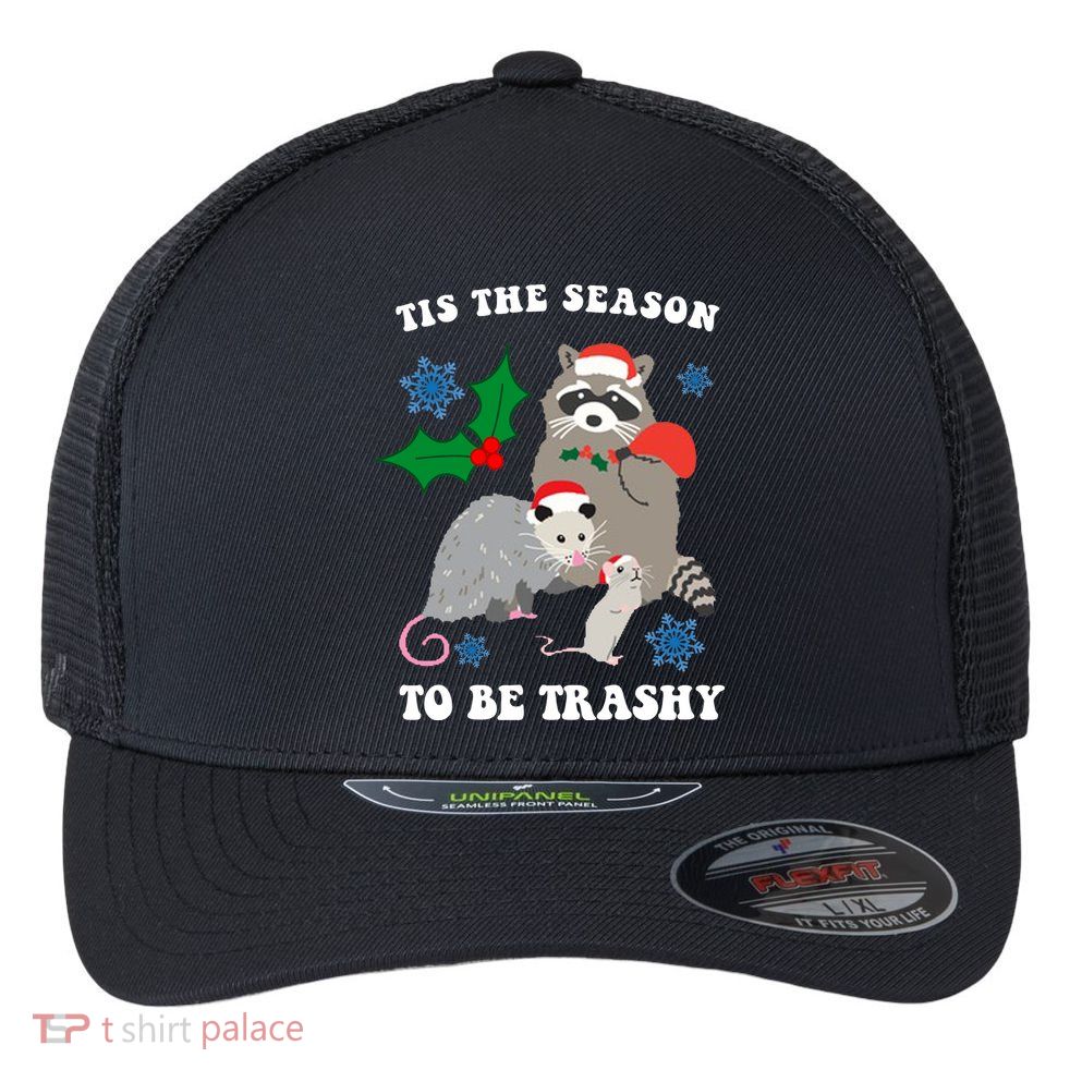 Tis The Season To Be Trashy Funny Raccoon Christmas Flexfit Unipanel Trucker Cap