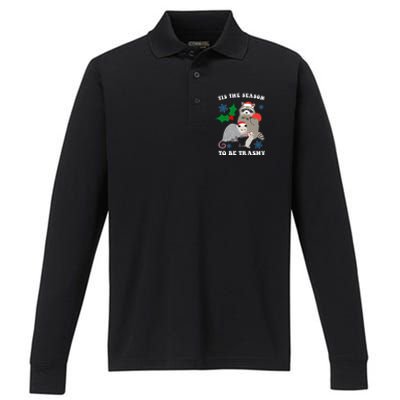 Tis The Season To Be Trashy Funny Raccoon Christmas Performance Long Sleeve Polo