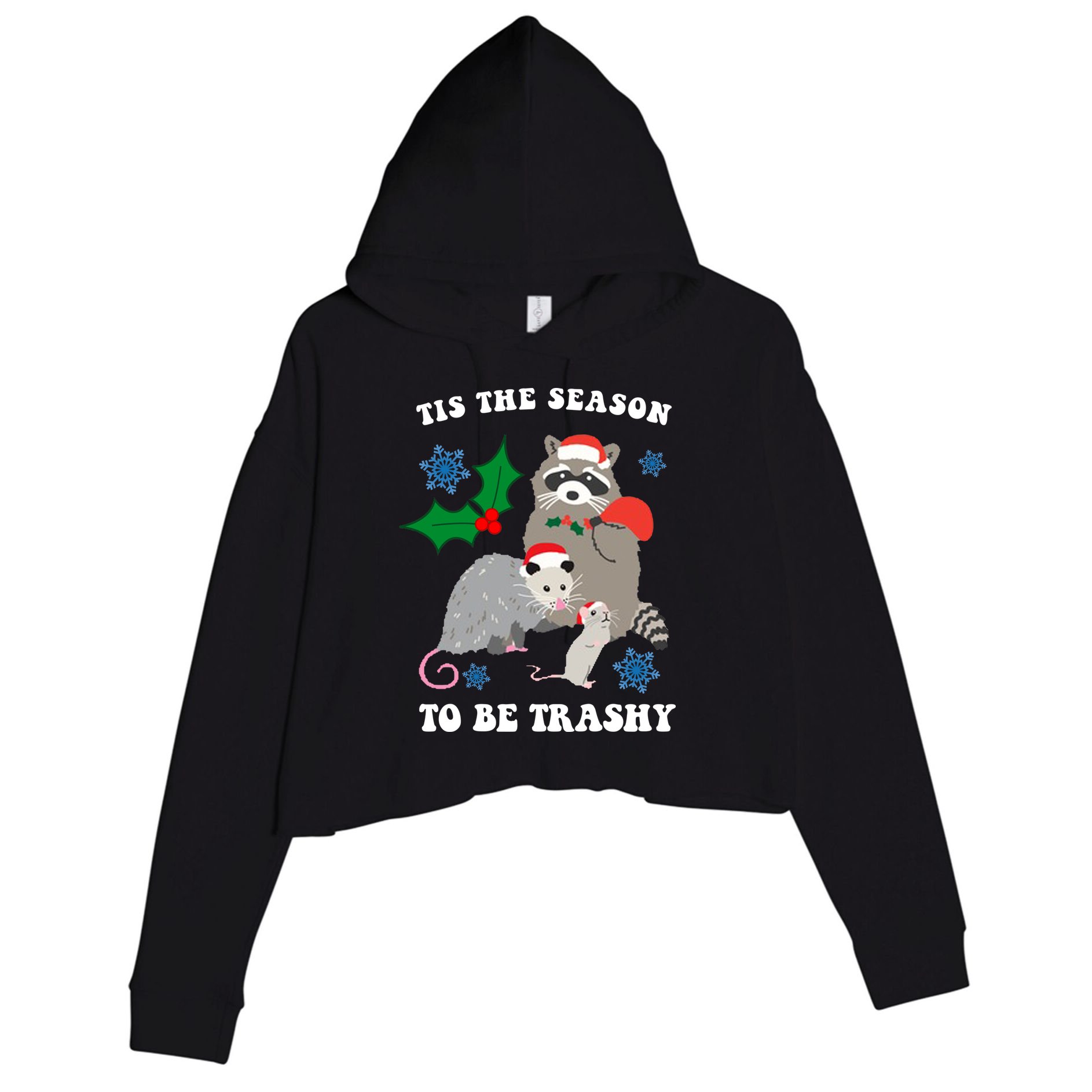 Tis The Season To Be Trashy Funny Raccoon Christmas Crop Fleece Hoodie