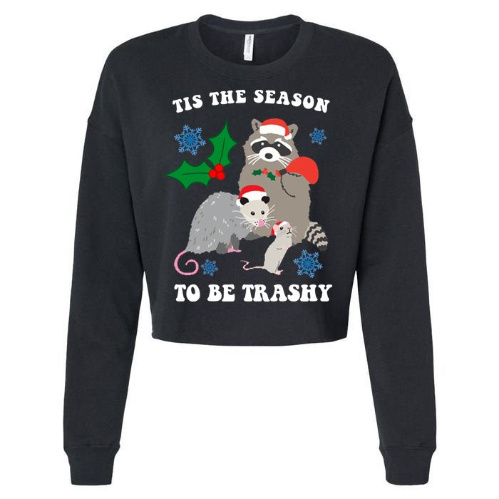 Tis The Season To Be Trashy Funny Raccoon Christmas Cropped Pullover Crew