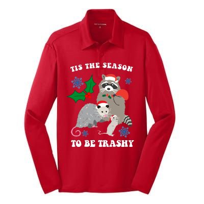 Tis The Season To Be Trashy Funny Raccoon Christmas Silk Touch Performance Long Sleeve Polo