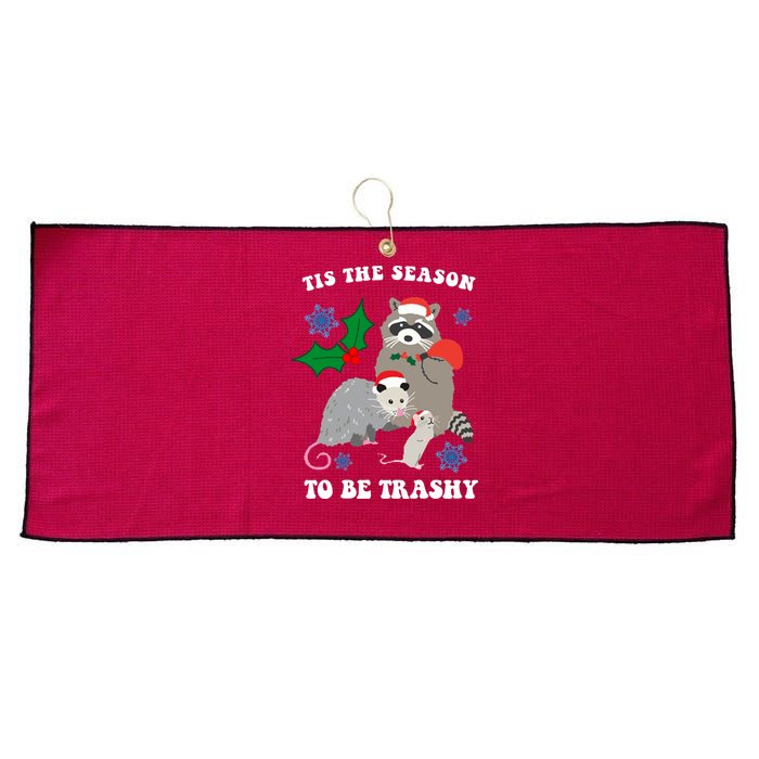 Tis The Season To Be Trashy Funny Raccoon Christmas Large Microfiber Waffle Golf Towel