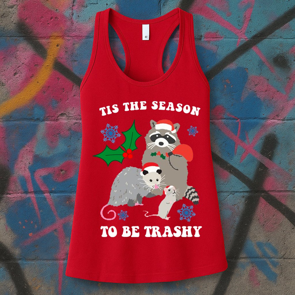 Tis The Season To Be Trashy Funny Raccoon Christmas Womens Tank Top
