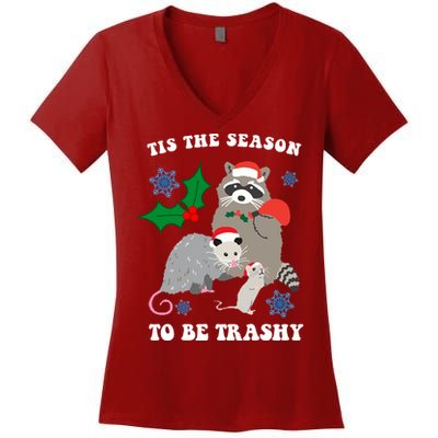 Tis The Season To Be Trashy Funny Raccoon Christmas Women's V-Neck T-Shirt