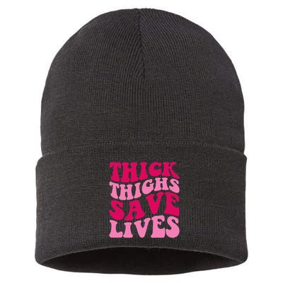 Thick Thighs Save Lives Funny Apparel Groovy Thicc Sustainable Knit Beanie