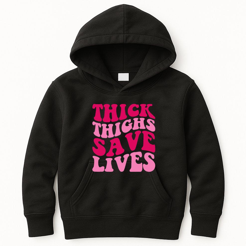 Thick Thighs Save Lives Funny Apparel Groovy Thicc Kids Hoodie