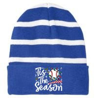 Tis The Season Baseball Christmas Snowflakes Lights Xmas Gift Striped Beanie with Solid Band