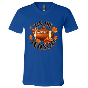 Tis The Season Pumpkin Leaf Fall Thanksgiving Football V-Neck T-Shirt