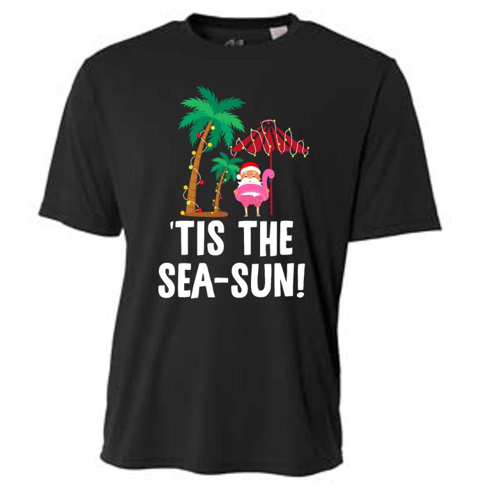 Tis the SeaSun Tropical Christmas Season Santa Flamingo Fan Cooling Performance Crew T-Shirt