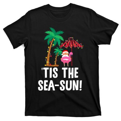 Tis the SeaSun Tropical Christmas Season Santa Flamingo Fan T-Shirt