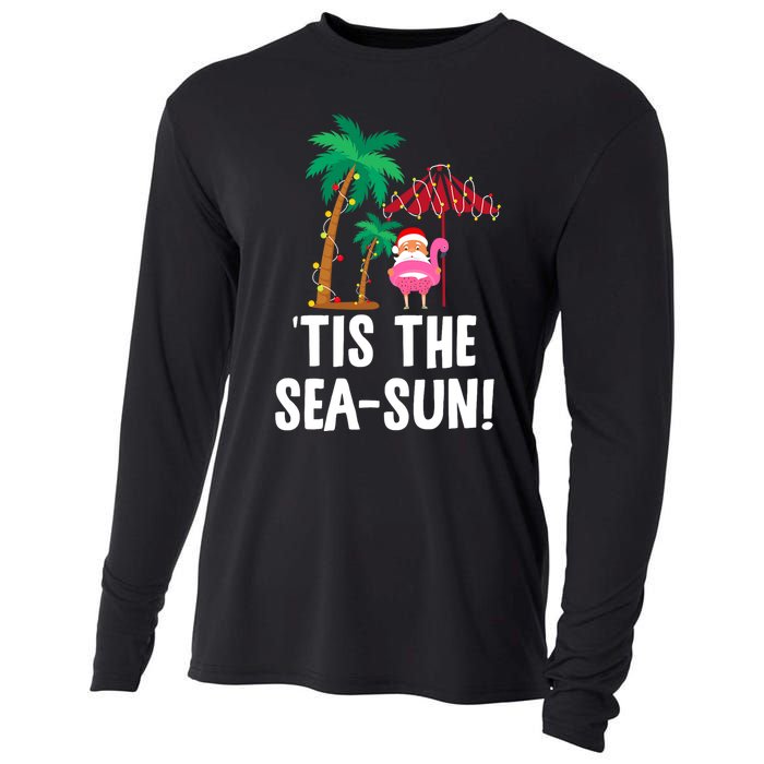 Tis the SeaSun Tropical Christmas Season Santa Flamingo Fan Cooling Performance Long Sleeve Crew