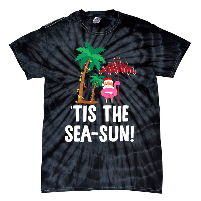 Tis the SeaSun Tropical Christmas Season Santa Flamingo Fan Tie-Dye T-Shirt