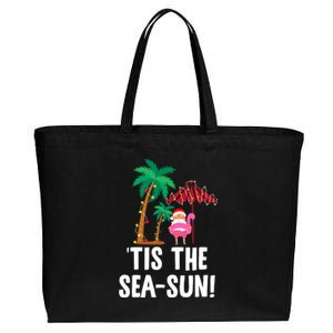 Tis the SeaSun Tropical Christmas Season Santa Flamingo Fan Cotton Canvas Jumbo Tote