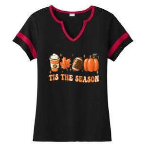 Tis The Season Pumpkin Leaf Latte Fall Thanksgiving Football Ladies Halftime Notch Neck Tee