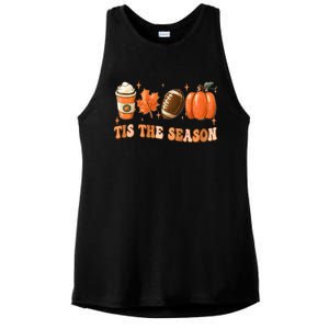 Tis The Season Pumpkin Leaf Latte Fall Thanksgiving Football Ladies PosiCharge Tri-Blend Wicking Tank