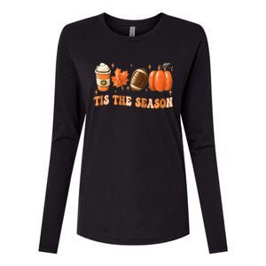 Tis The Season Pumpkin Leaf Latte Fall Thanksgiving Football Womens Cotton Relaxed Long Sleeve T-Shirt