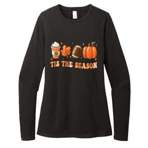 Tis The Season Pumpkin Leaf Latte Fall Thanksgiving Football Womens CVC Long Sleeve Shirt