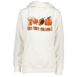 Tis The Season Pumpkin Leaf Latte Fall Thanksgiving Football Womens Funnel Neck Pullover Hood