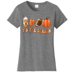 Tis The Season Pumpkin Leaf Latte Fall Thanksgiving Football Women's T-Shirt