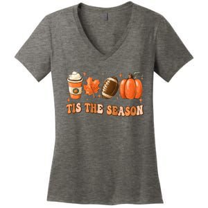 Tis The Season Pumpkin Leaf Latte Fall Thanksgiving Football Women's V-Neck T-Shirt