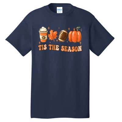 Tis The Season Pumpkin Leaf Latte Fall Thanksgiving Football Tall T-Shirt