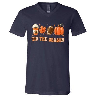 Tis The Season Pumpkin Leaf Latte Fall Thanksgiving Football V-Neck T-Shirt