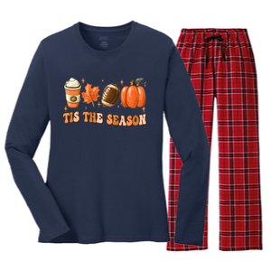 Tis The Season Pumpkin Leaf Latte Fall Thanksgiving Football Women's Long Sleeve Flannel Pajama Set 