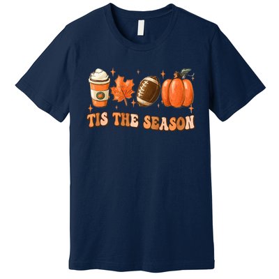 Tis The Season Pumpkin Leaf Latte Fall Thanksgiving Football Premium T-Shirt