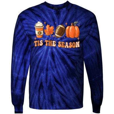 Tis The Season Pumpkin Leaf Latte Fall Thanksgiving Football Tie-Dye Long Sleeve Shirt