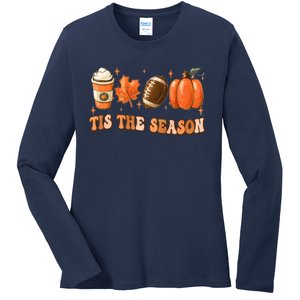 Tis The Season Pumpkin Leaf Latte Fall Thanksgiving Football Ladies Long Sleeve Shirt