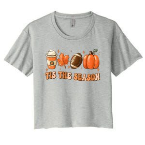 Tis The Season Pumpkin Leaf Latte Fall Thanksgiving Football Women's Crop Top Tee