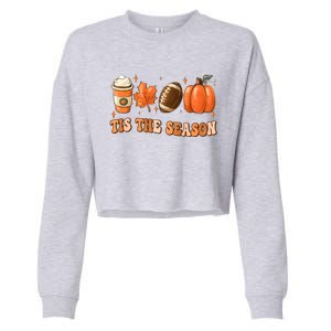 Tis The Season Pumpkin Leaf Latte Fall Thanksgiving Football Cropped Pullover Crew