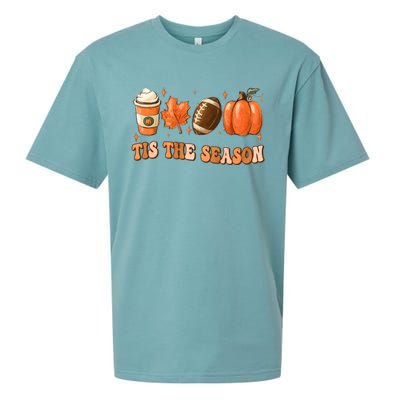 Tis The Season Pumpkin Leaf Latte Fall Thanksgiving Football Sueded Cloud Jersey T-Shirt