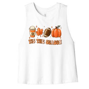 Tis The Season Pumpkin Leaf Latte Fall Thanksgiving Football Women's Racerback Cropped Tank