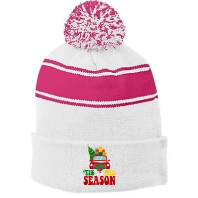 Tis The Season Jolly Christmas Truck Stripe Pom Pom Beanie