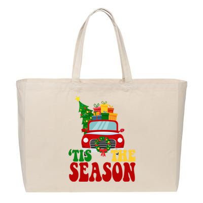 Tis The Season Jolly Christmas Truck Cotton Canvas Jumbo Tote