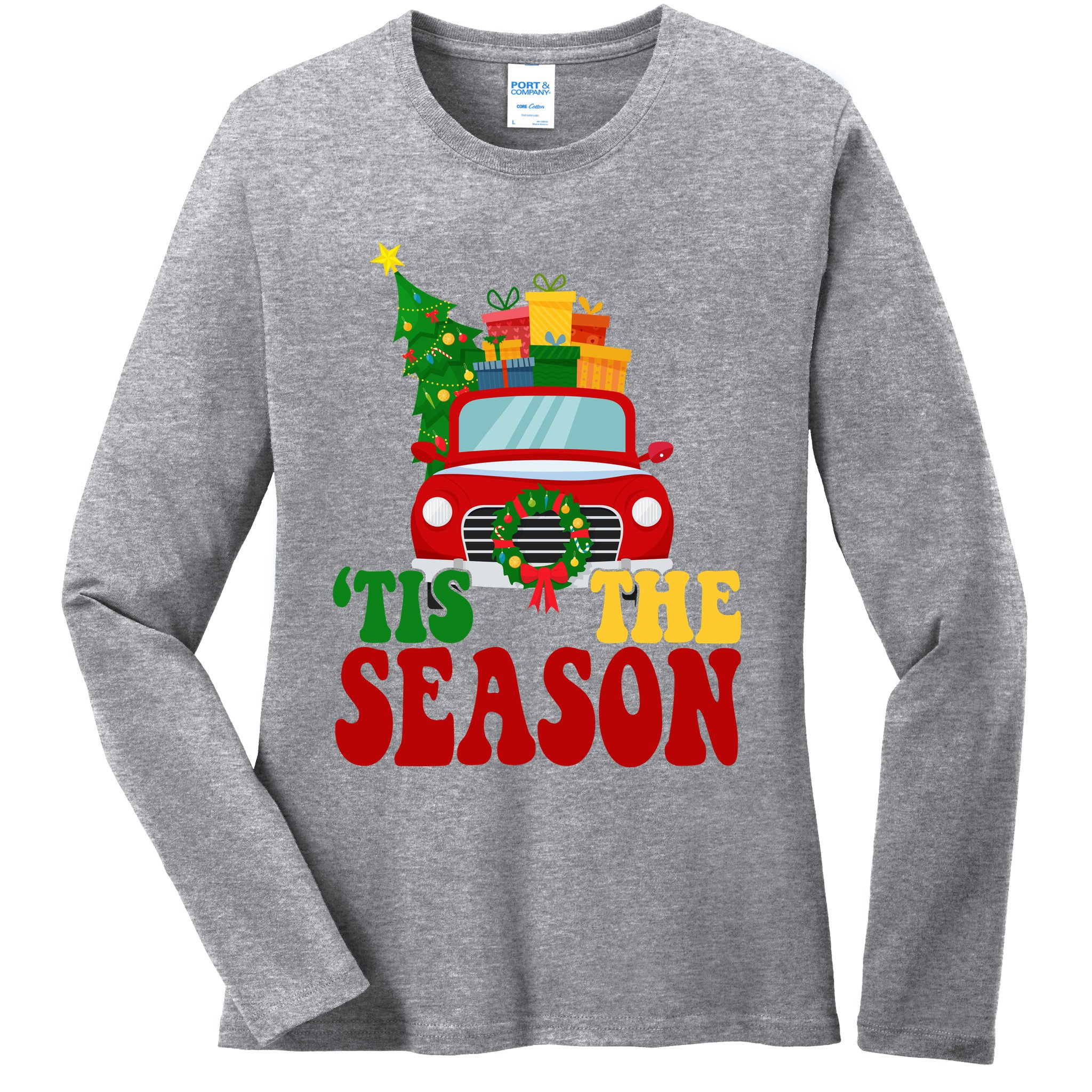 Tis The Season Jolly Christmas Truck Ladies Long Sleeve Shirt