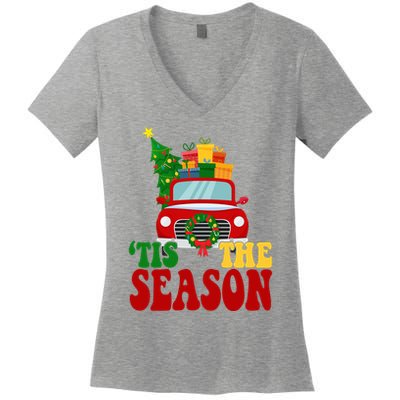 Tis The Season Jolly Christmas Truck Women's V-Neck T-Shirt