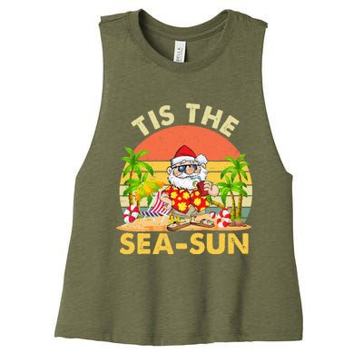 Tis The Sea Sun Santa Beach Summer Christmas In July Summer Women's Racerback Cropped Tank