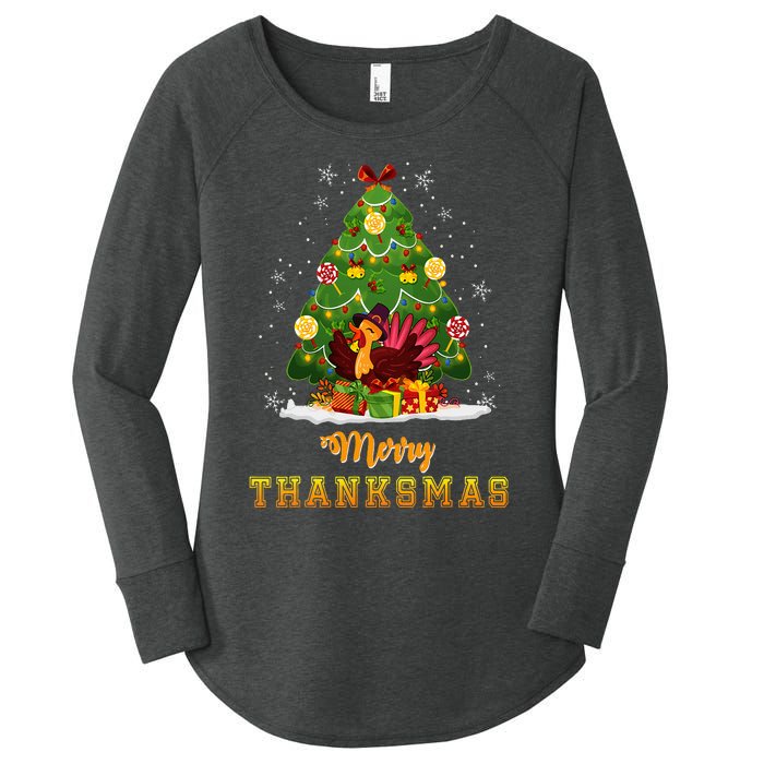 Turkey Tree Santa Merry Thanksmas Christmas Thanksgiving Women's Perfect Tri Tunic Long Sleeve Shirt