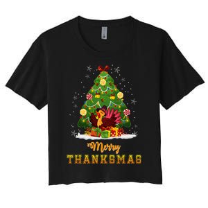 Turkey Tree Santa Merry Thanksmas Christmas Thanksgiving Women's Crop Top Tee