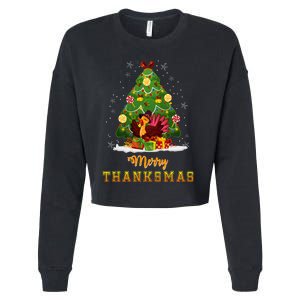 Turkey Tree Santa Merry Thanksmas Christmas Thanksgiving Cropped Pullover Crew