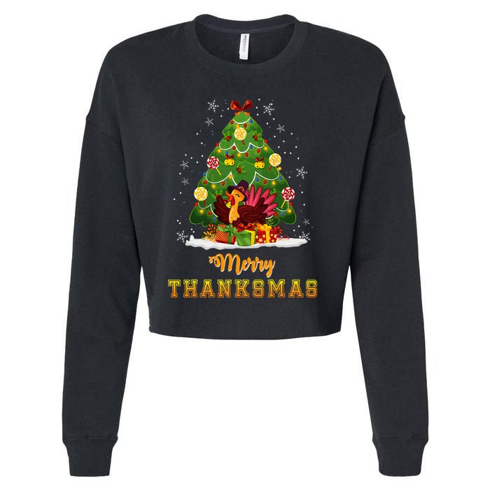 Turkey Tree Santa Merry Thanksmas Christmas Thanksgiving Cropped Pullover Crew